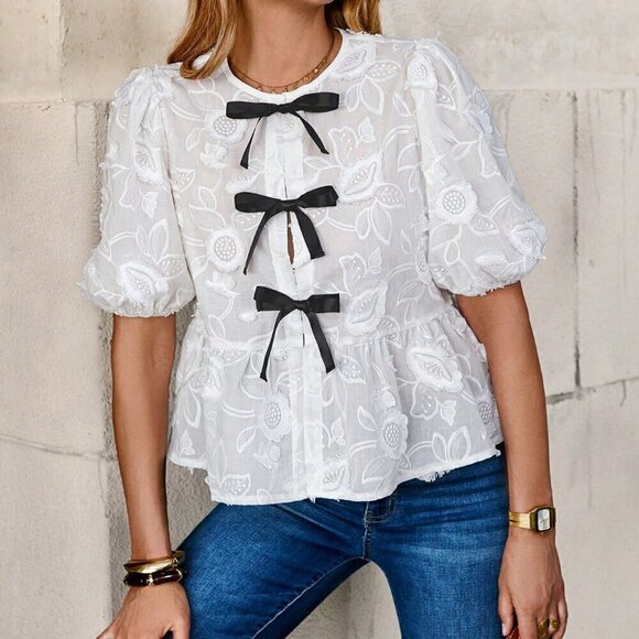 Tops - White Cute Women's Tie Collar Puff Sleeve Bow Decor Waist Slim Fit Shirt